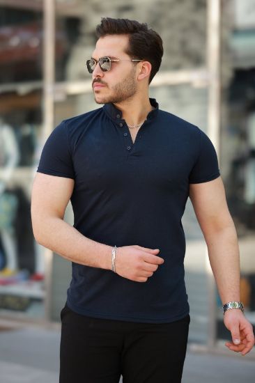 Erkek Hakim Yaka Dokuma Pamuklu Kumaş Kısa Kollu T-shirt resmi